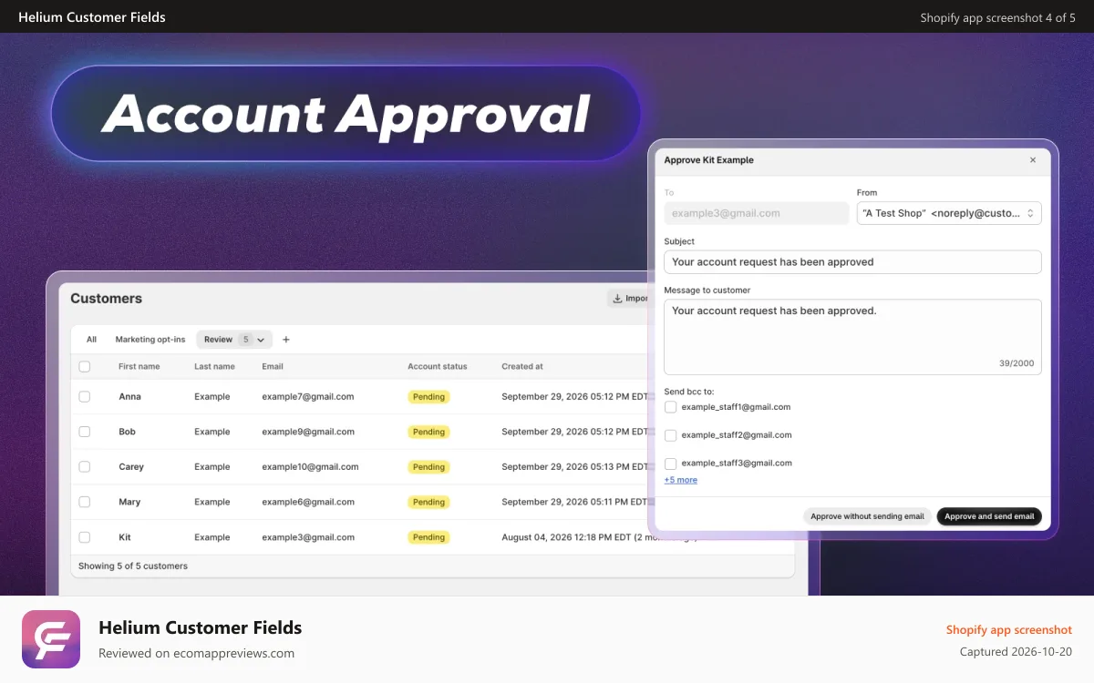 Helium Customer Fields Shopify app screenshot: B2B registration forms - Review customers before approving
