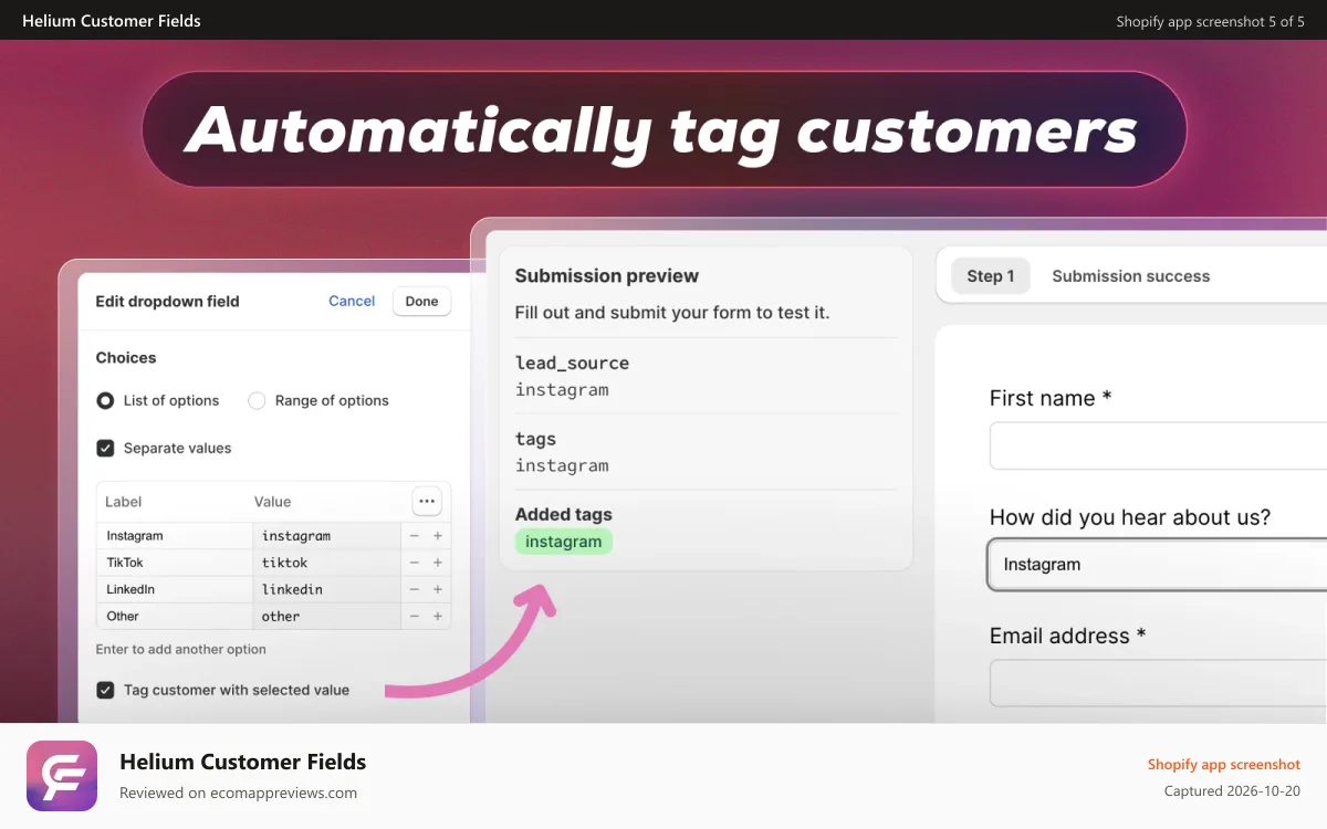 Helium Customer Fields Shopify app screenshot: Add customer tags automatically and segment customer groups