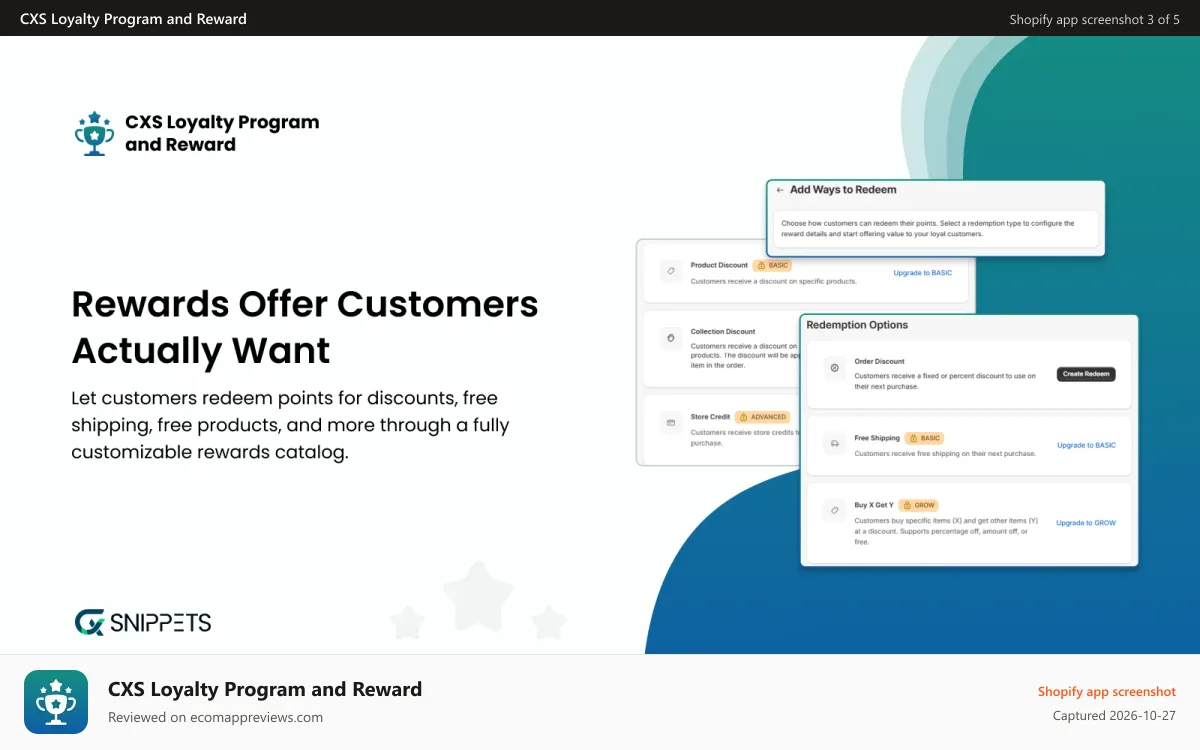 CXS Loyalty Program and Reward Shopify app screenshot: Rewards Offer Customers Actually Want