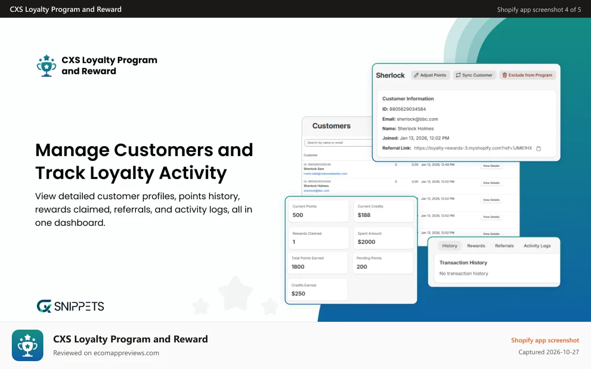 CXS Loyalty Program and Reward Shopify app screenshot: Manage Customers and Track Loyalty Activity