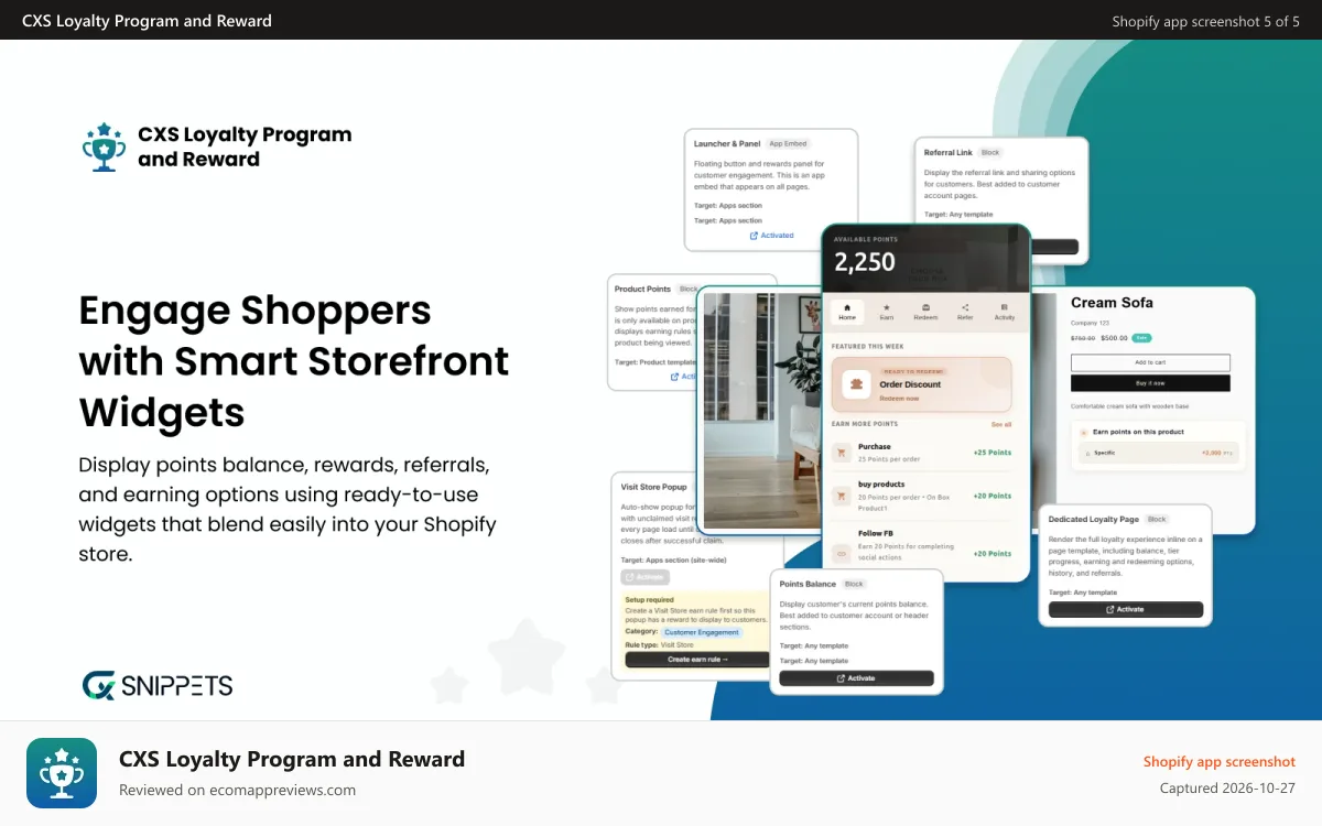 CXS Loyalty Program and Reward Shopify app screenshot: Engage Shoppers with Smart Storefront Widget