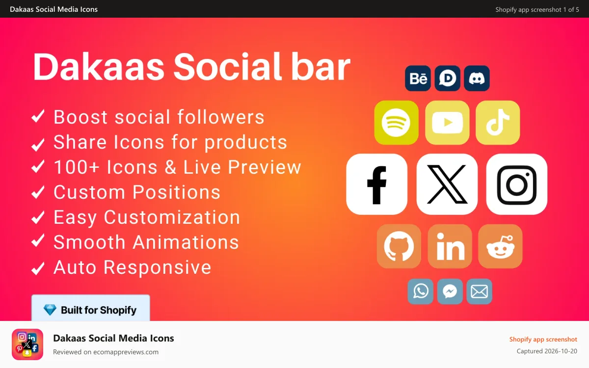 Dakaas Social Media Icons Shopify app screenshot: Add unlimited Social Media Icons to your store instantly