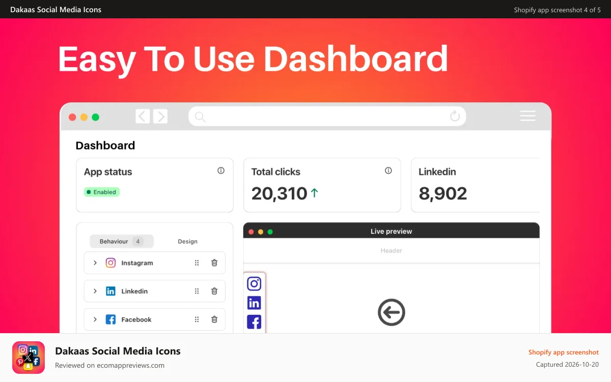 Dakaas Social Media Icons Shopify app screenshot: One Click Solution and Easy to use dashboard