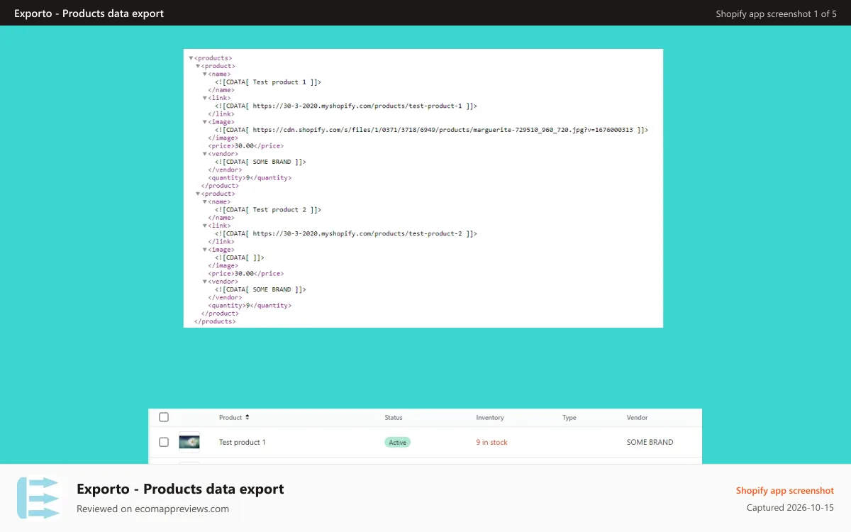 Exporto ‑ Products data export Shopify app screenshot: Products xml export
