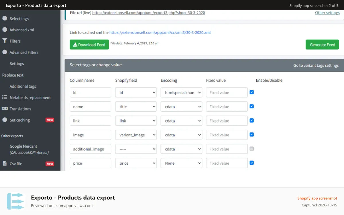 Exporto ‑ Products data export Shopify app screenshot: Editable xml with configuration settings