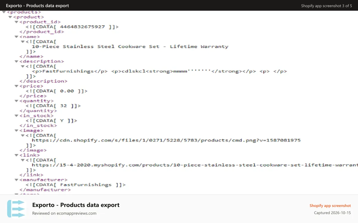 Exporto ‑ Products data export Shopify app screenshot: Part of xml with product options export