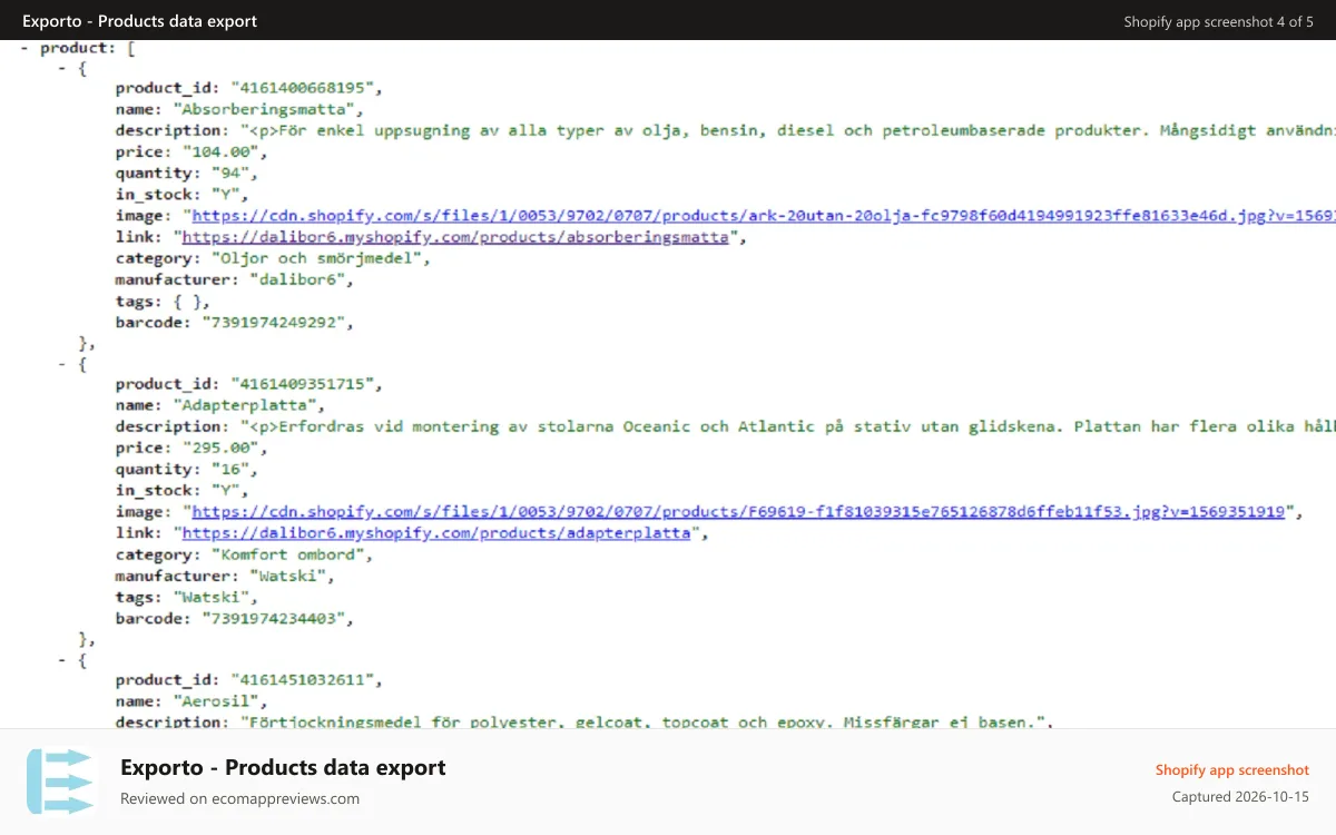 Exporto ‑ Products data export Shopify app screenshot: Part of json with product manufaturer and vendor export