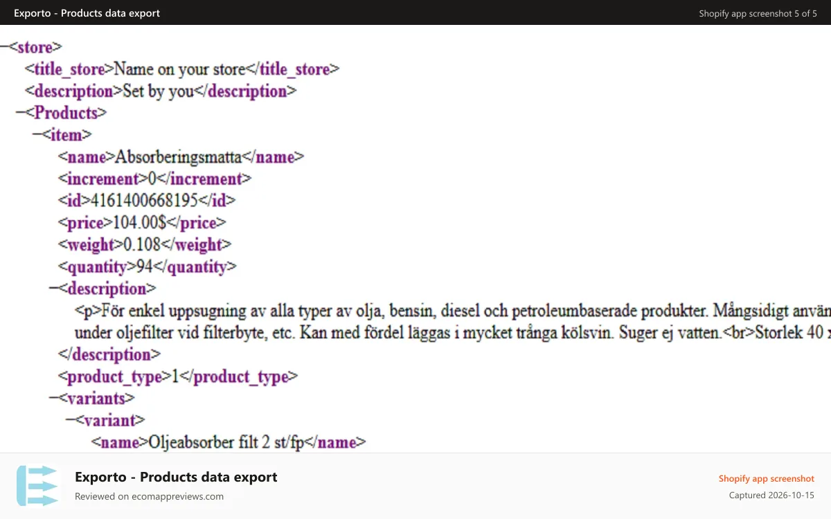 Exporto ‑ Products data export Shopify app screenshot: Fixed tags xml