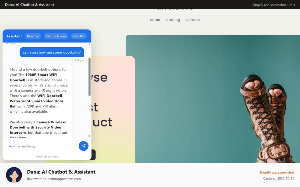 Dana: AI Chatbot & Assistant Shopify app screenshot: Dana chat listing in-stock doorbells and flagging one sold out