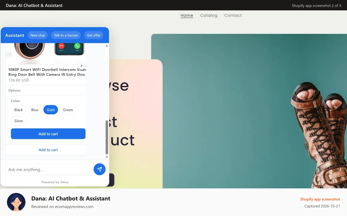 Dana: AI Chatbot & Assistant Shopify app screenshot: In-chat variant picker with Gold selected and an Add to cart