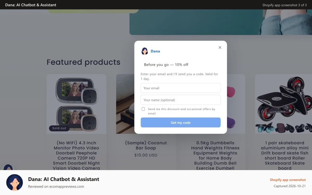 Dana: AI Chatbot & Assistant Shopify app screenshot: Exit offer asking for an email to send a 10% discount code