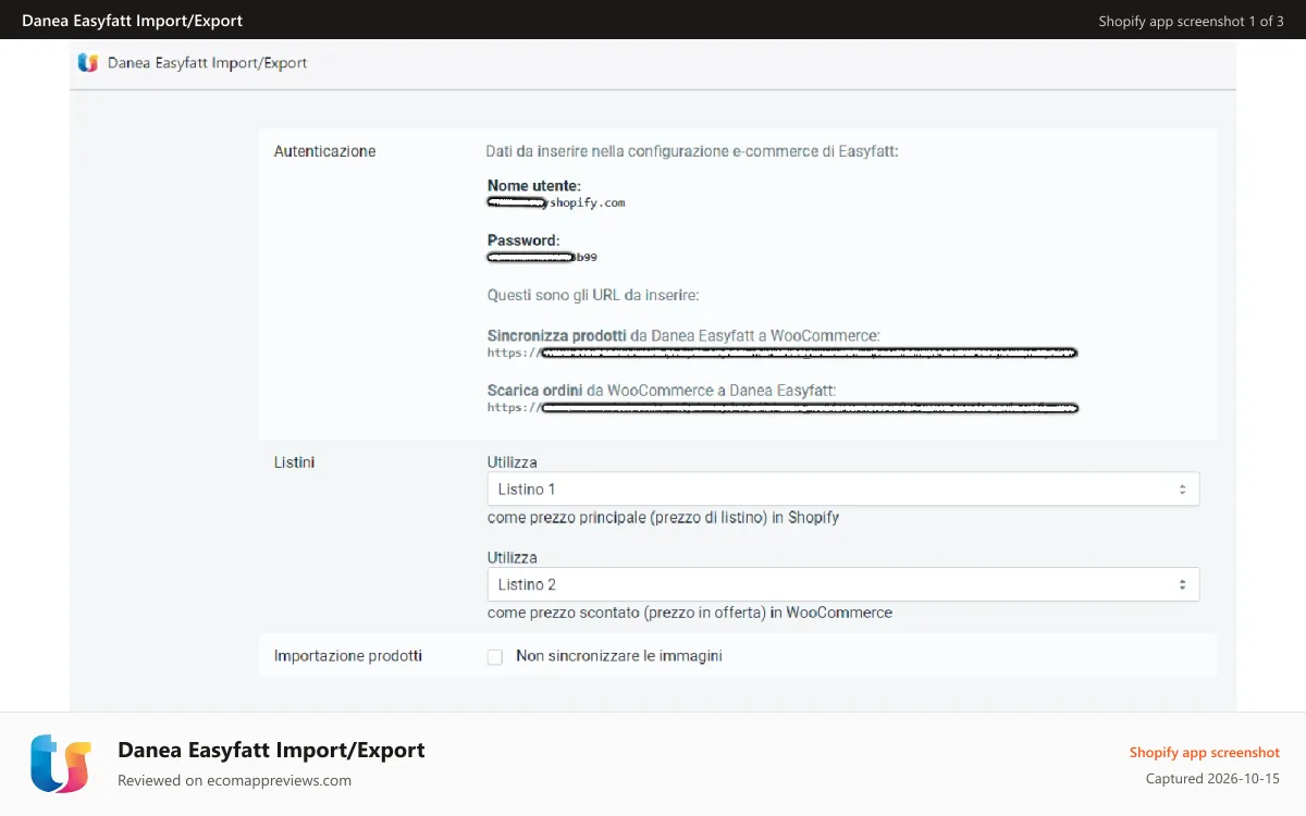 Danea Easyfatt Import/Export Shopify app screenshot: Pannello di controllo dell'app