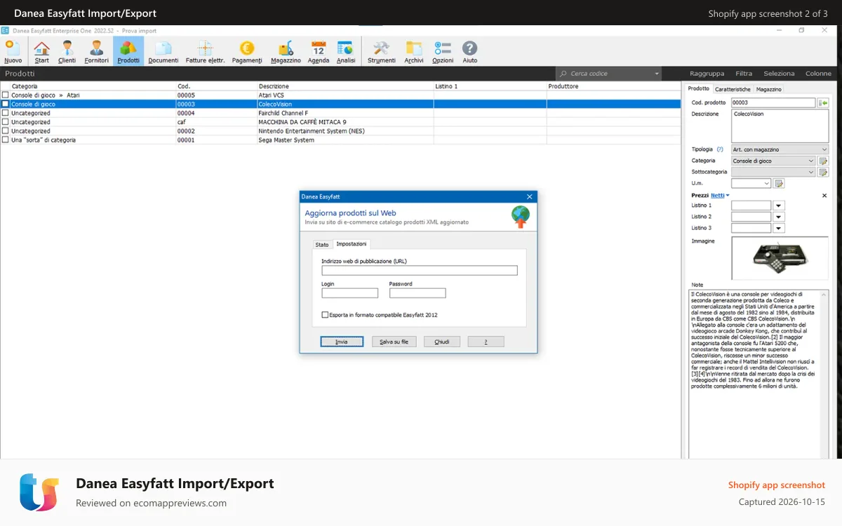Danea Easyfatt Import/Export Shopify app screenshot: Configurazione della sincronizzazione prodotti in Easyfatt