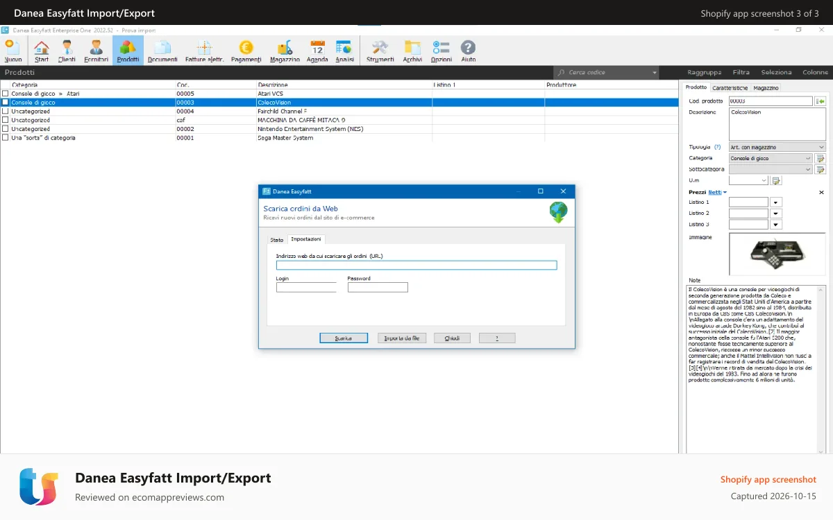 Danea Easyfatt Import/Export Shopify app screenshot: Configurazione del download ordini in Easyfatt