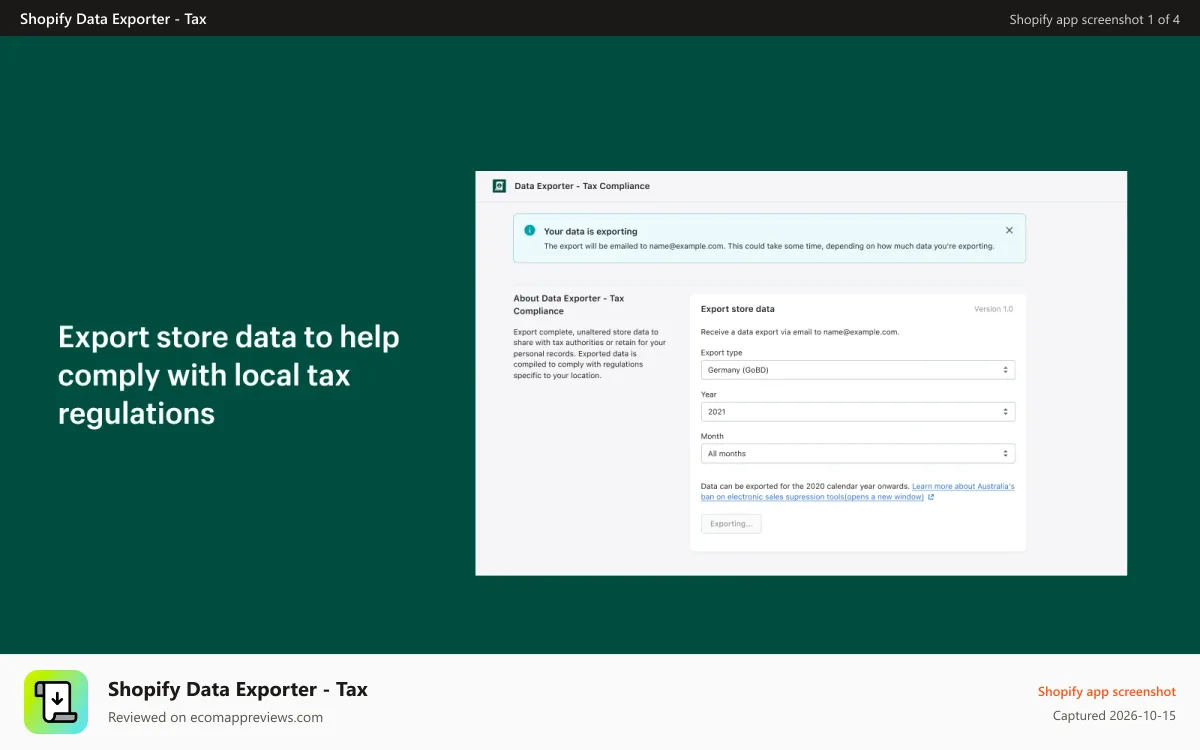Shopify Data Exporter ‑ Tax Shopify app screenshot: App screen displaying fields for data exporting