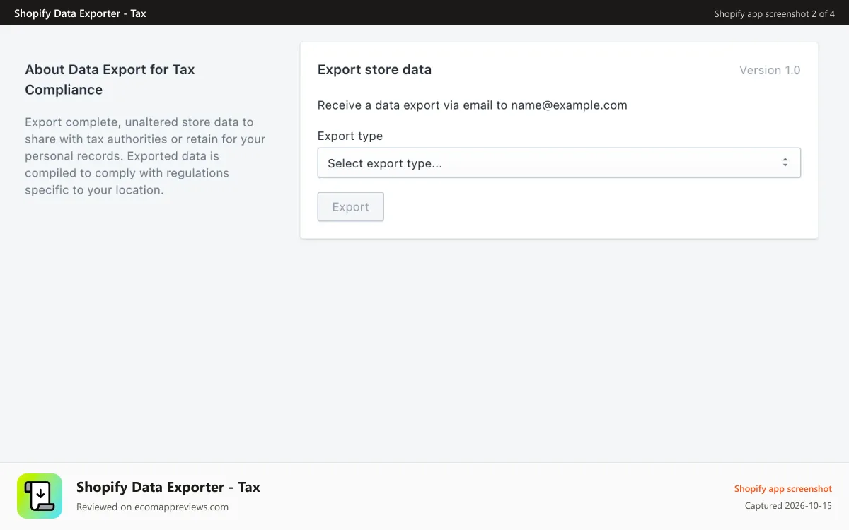 Shopify Data Exporter ‑ Tax Shopify app screenshot: Initial interface of application