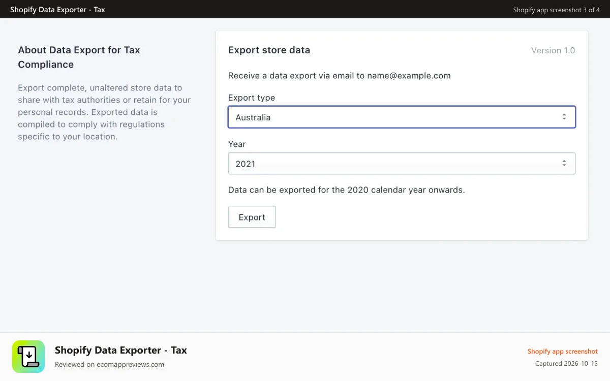 Shopify Data Exporter ‑ Tax Shopify app screenshot: Ability to select different exports and years