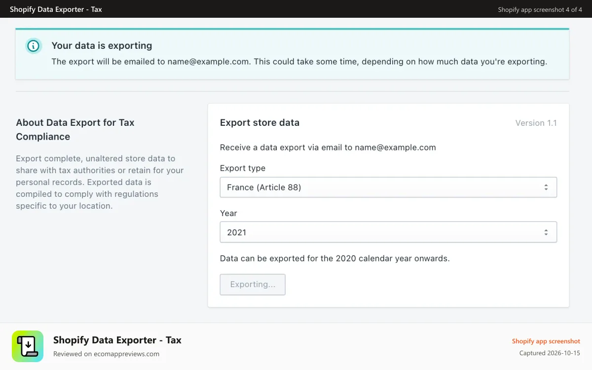 Shopify Data Exporter ‑ Tax Shopify app screenshot: Export in progress