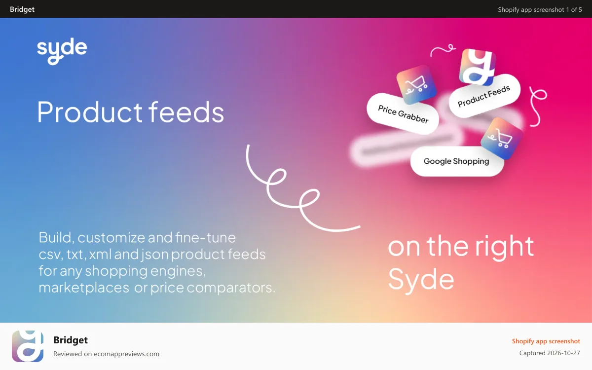 Bridget Shopify app screenshot: Product feeds by Wyomind