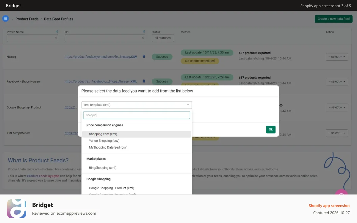 Bridget Shopify app screenshot: create new data feed
