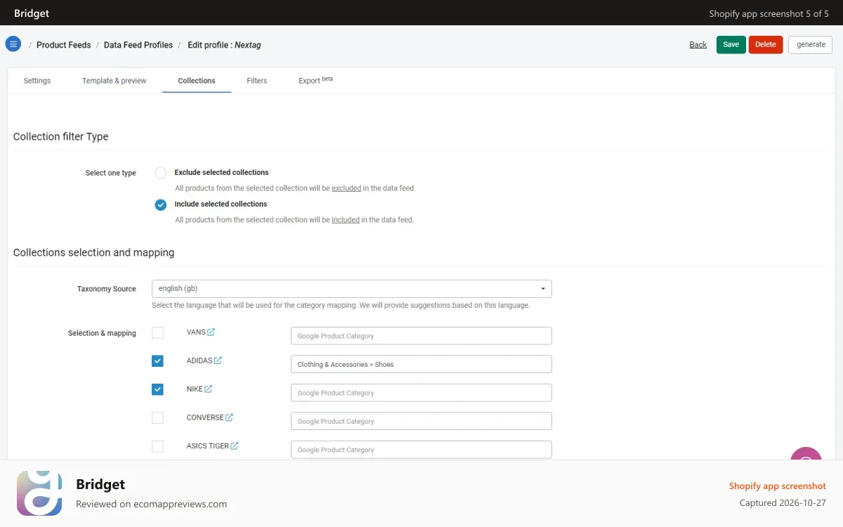 Bridget Shopify app screenshot: Filter collections