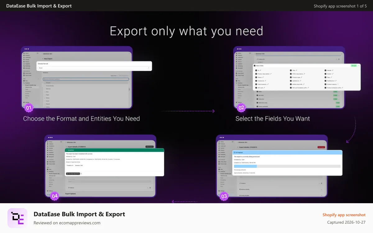 DataEase Bulk Import & Export Shopify app screenshot: Export Shopify orders to Excel with AI
