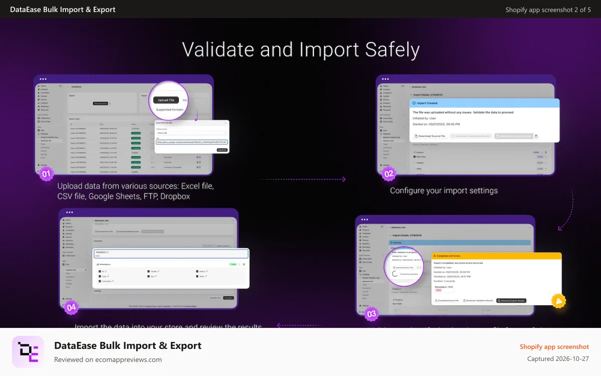DataEase Bulk Import & Export Shopify app screenshot: Bulk edit inventory and prices in a spreadsheet