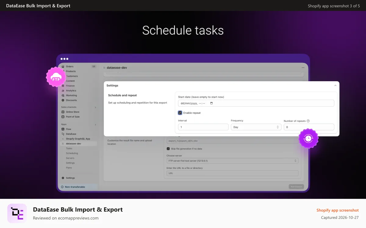 DataEase Bulk Import & Export Shopify app screenshot: Schedule automatic price updates