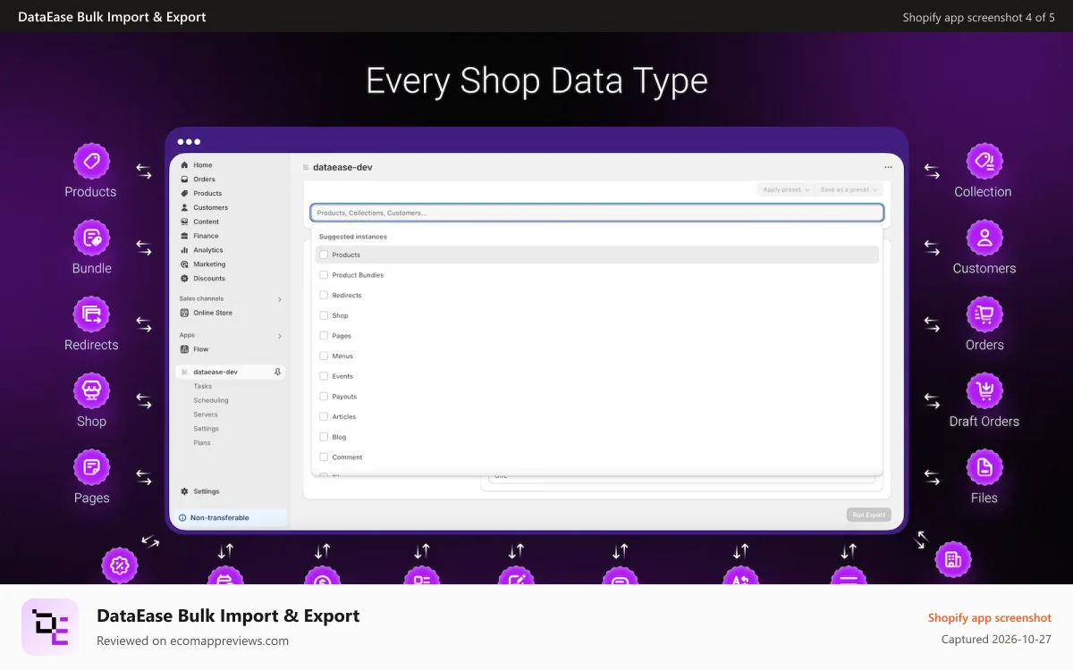 DataEase Bulk Import & Export Shopify app screenshot: Back up Shopify store data to a file
