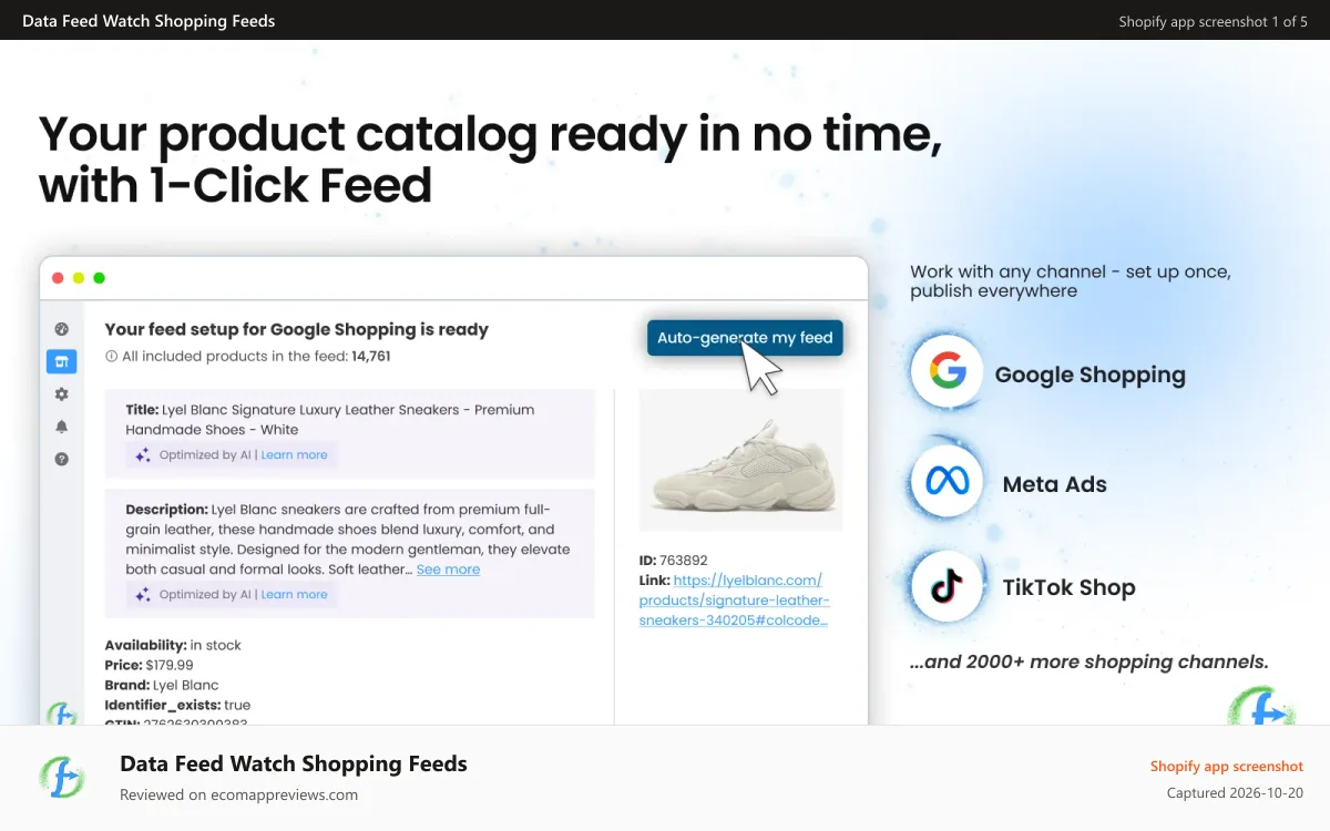 Data Feed Watch Shopping Feeds Shopify app screenshot: 1-click shopping feeds for Google Shopping, Meta, TikTok & more