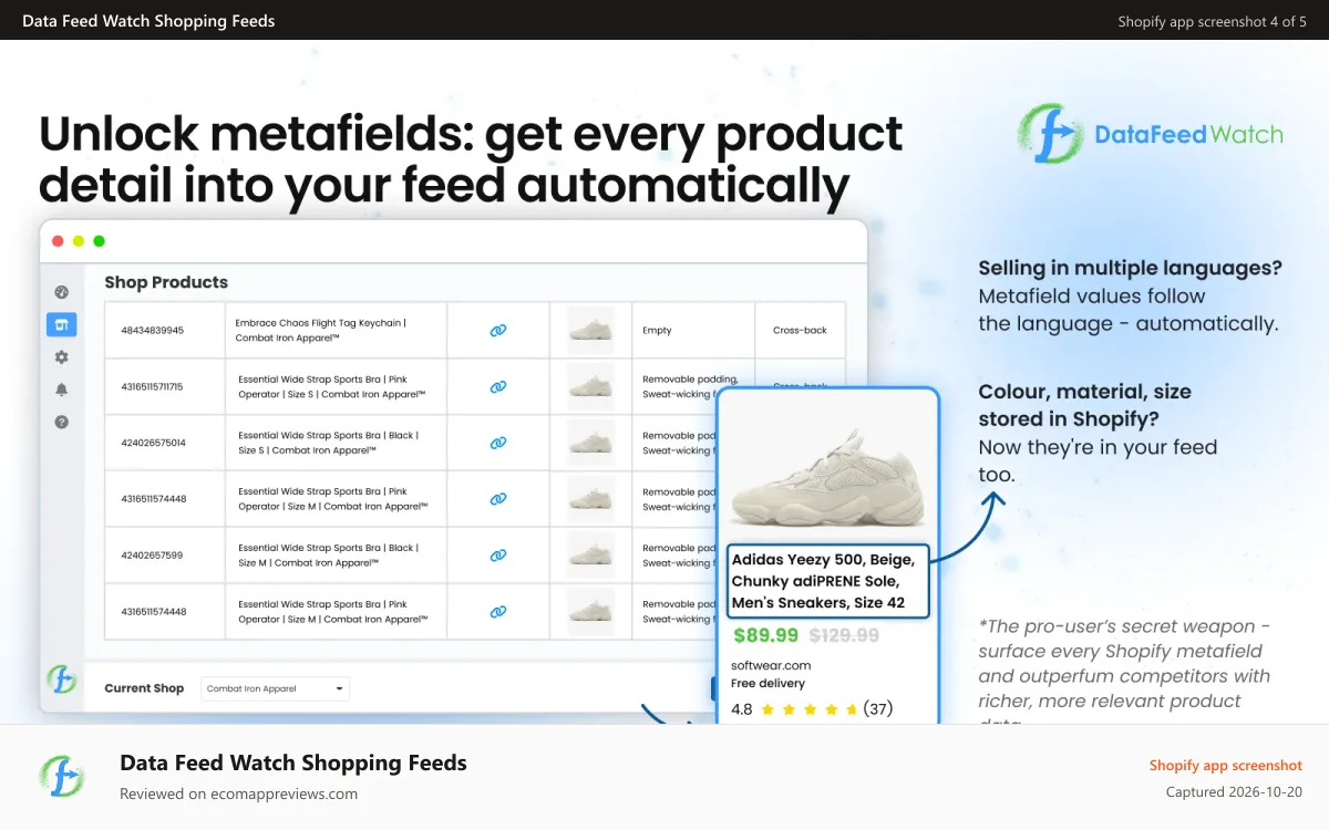 Data Feed Watch Shopping Feeds Shopify app screenshot: Metafields. Richer product data