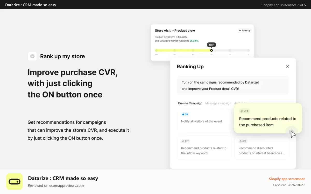 Datarize : CRM made so easy Shopify app screenshot: Datarize preset auto-campaign and rank up feature
