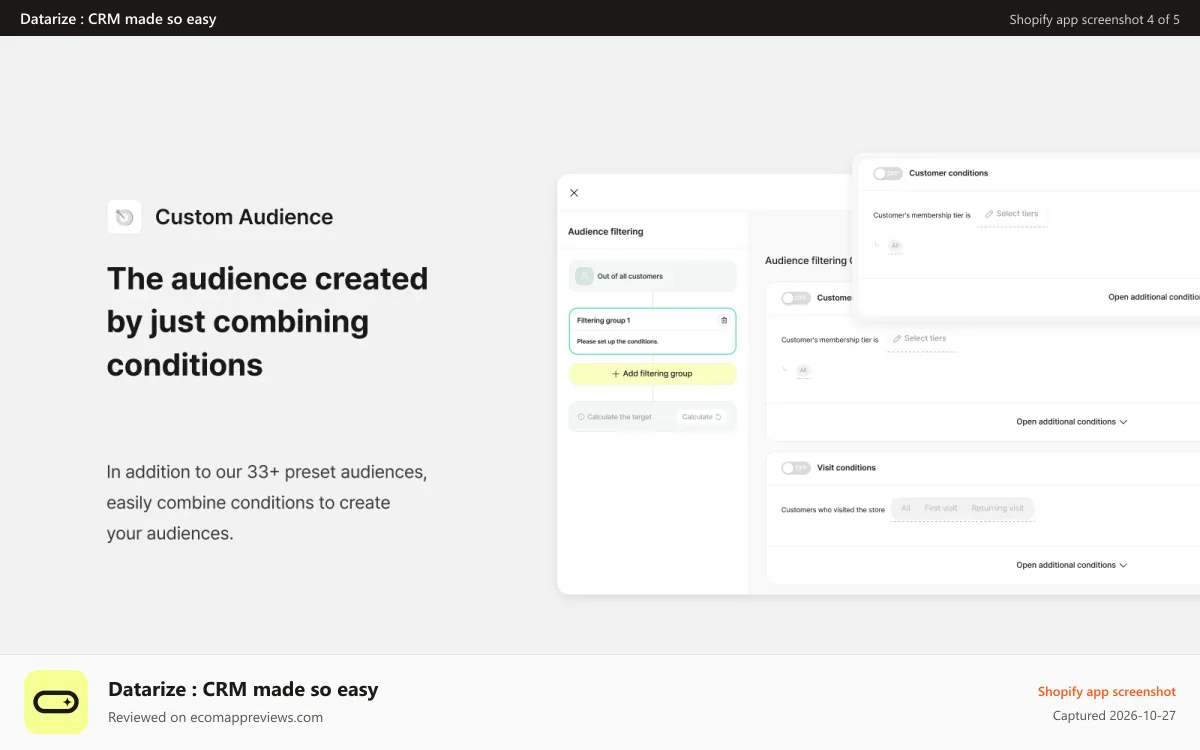 Datarize : CRM made so easy Shopify app screenshot: Datarize audience creation feature