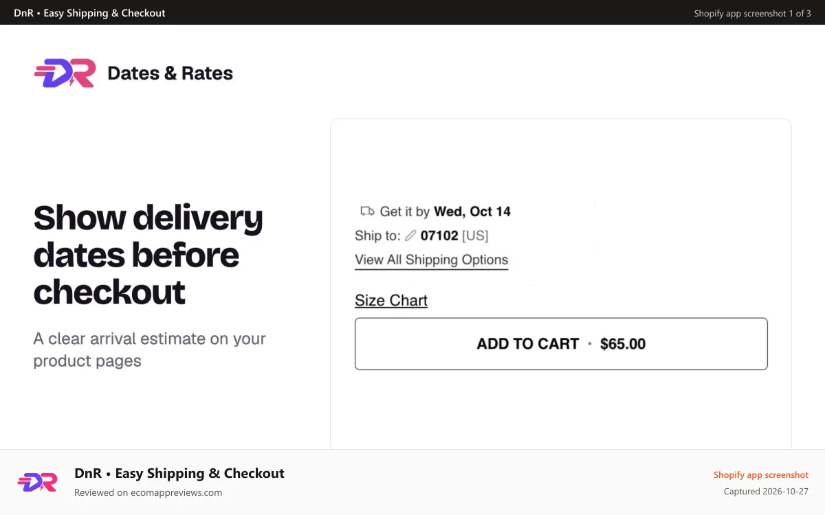 DnR • Easy Shipping & Checkout Shopify app screenshot: Product page delivery estimate with destination ZIP code