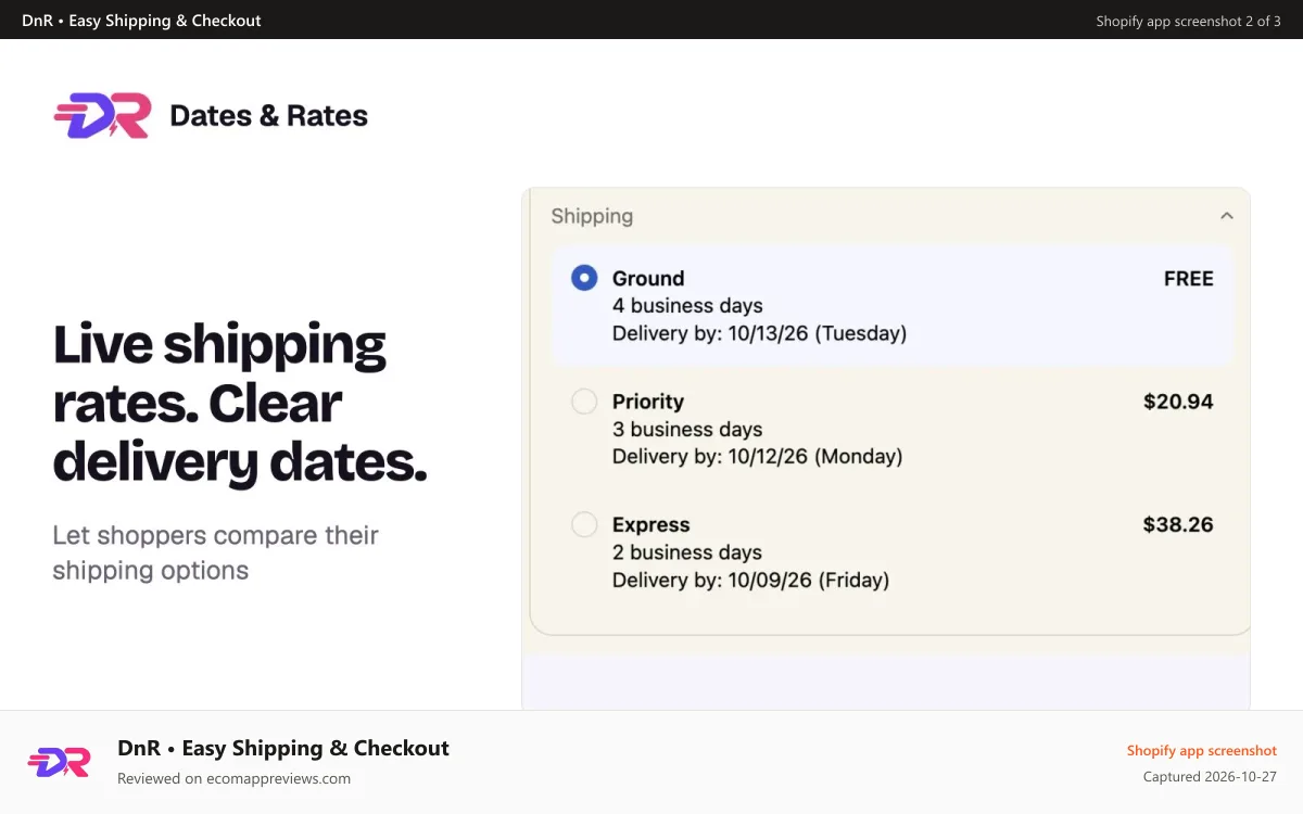 DnR • Easy Shipping & Checkout Shopify app screenshot: Checkout shipping options with prices and delivery dates