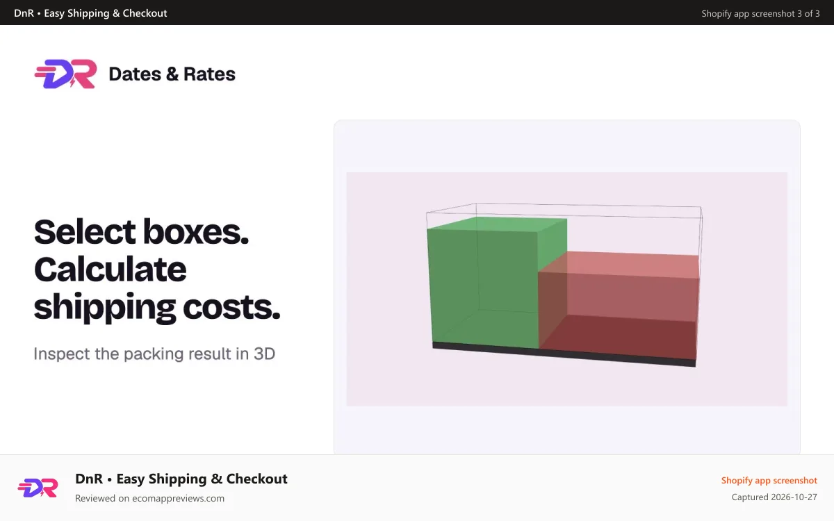 DnR • Easy Shipping & Checkout Shopify app screenshot: 3D cartonization showing how products fit in a selected box