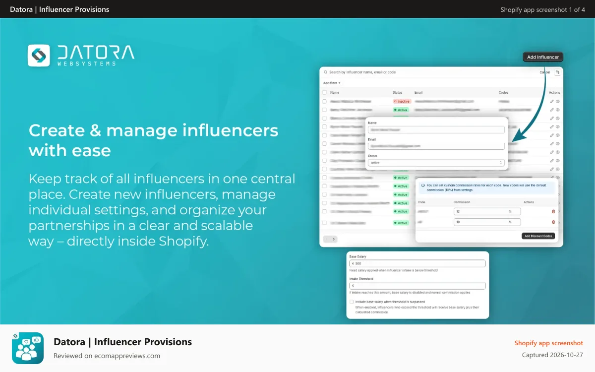 Datora | Influencer Provisions Shopify app screenshot: Create & manage influencers with ease