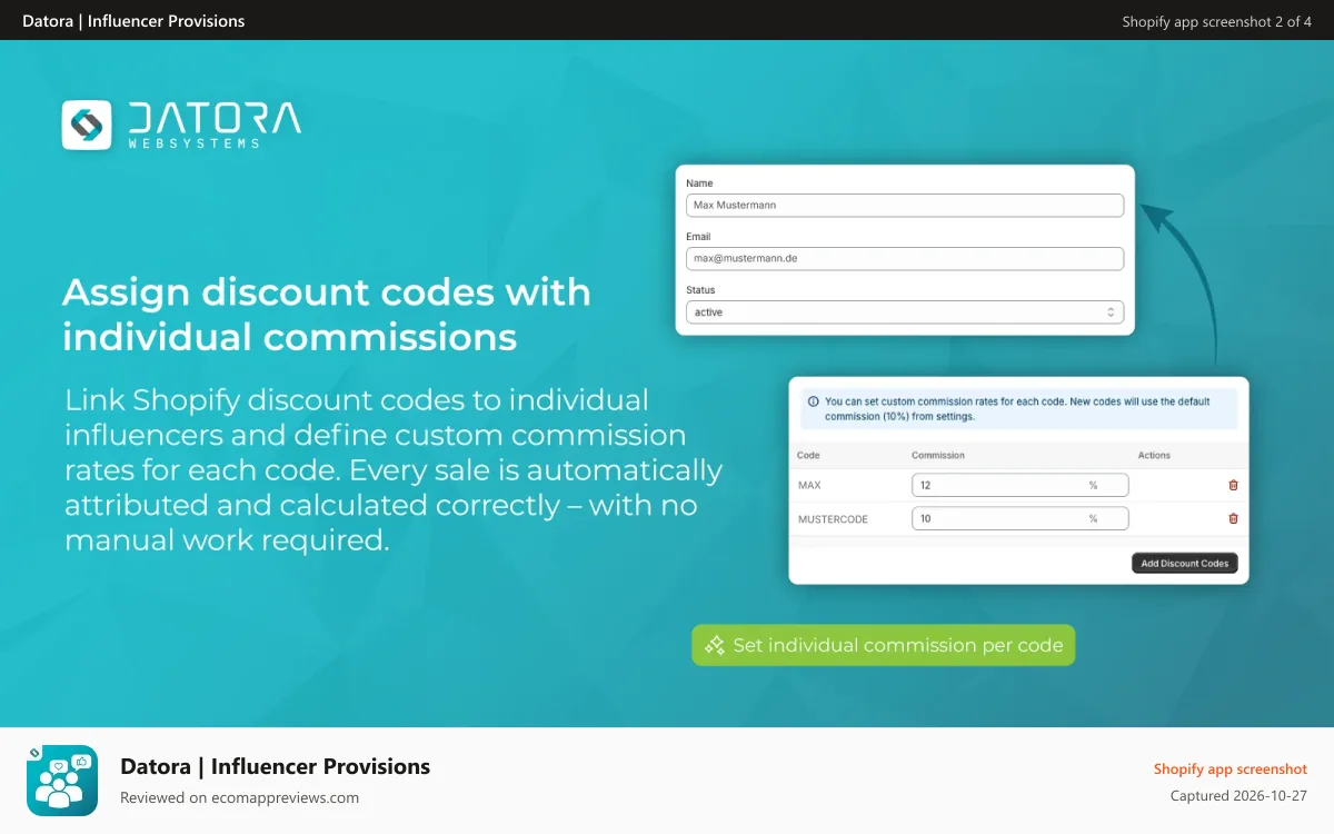 Datora | Influencer Provisions Shopify app screenshot: Assign discount codes with individual commissions