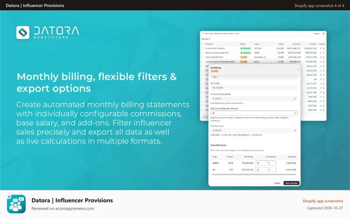 Datora | Influencer Provisions Shopify app screenshot: Monthly billing, flexible filters & export options