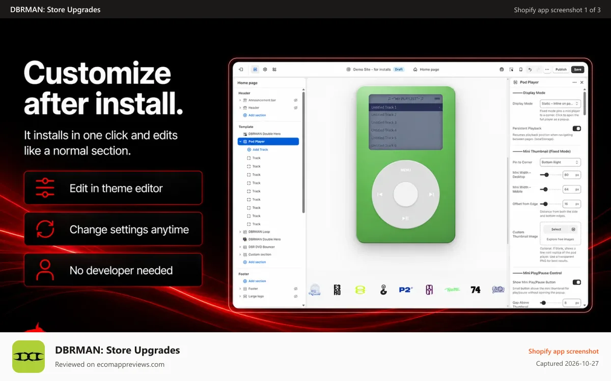 DBRMAN: Store Upgrades Shopify app screenshot: Theme editor customization after install