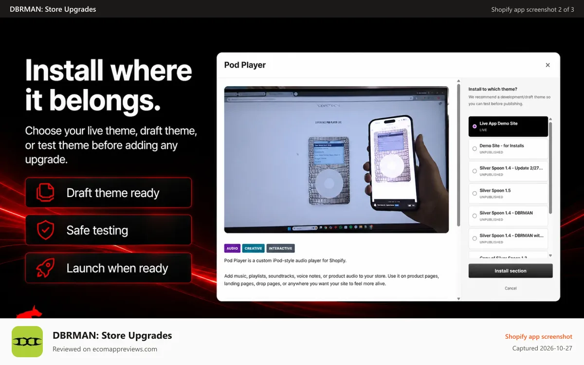 DBRMAN: Store Upgrades Shopify app screenshot: Theme selection screen for safe install