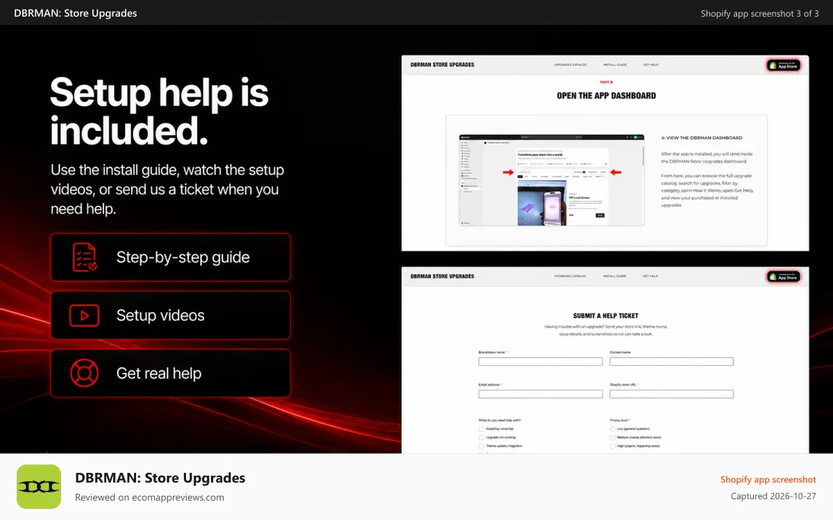 DBRMAN: Store Upgrades Shopify app screenshot: Install guide and support ticket pages