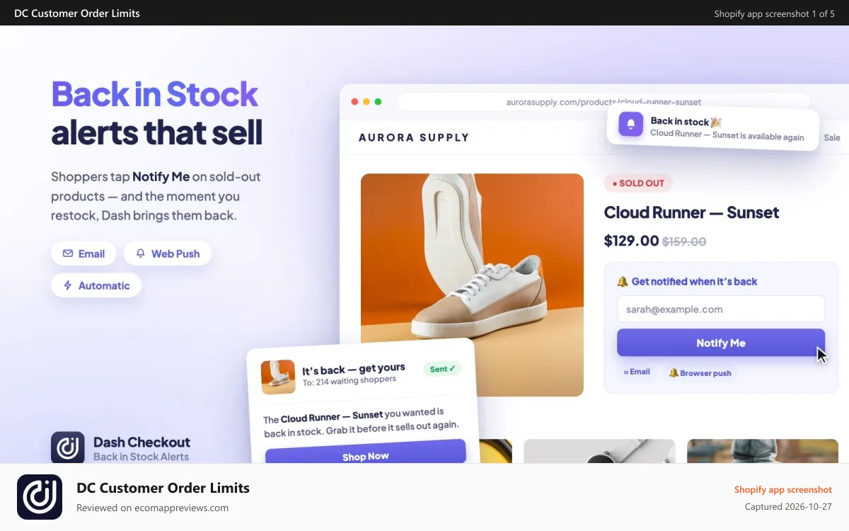 DC Customer Order Limits Shopify app screenshot: Shoppers tap Notify Me on a sold-out product for restock alerts