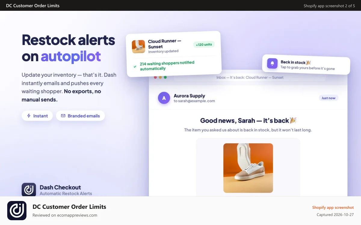 DC Customer Order Limits Shopify app screenshot: Update inventory and Dash alerts every waiting shopper instantly