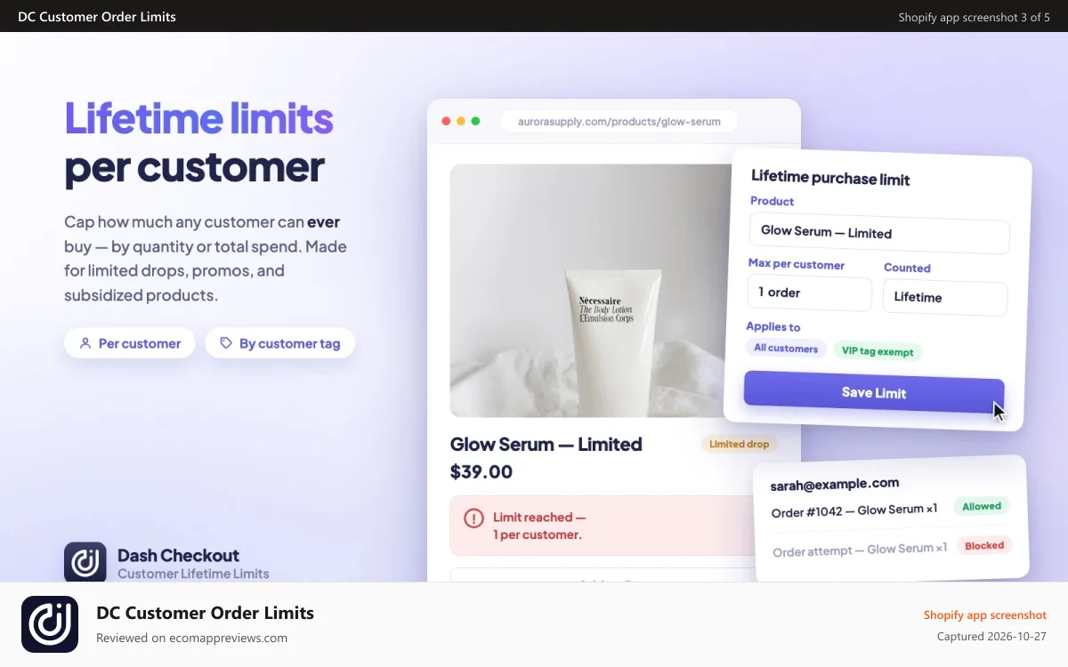DC Customer Order Limits Shopify app screenshot: Cap customer purchases by quantity or spend, with VIP exemptions