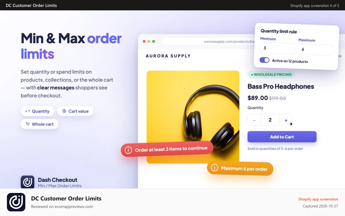 DC Customer Order Limits Shopify app screenshot: Set quantity or spend limits per product, collection, or cart