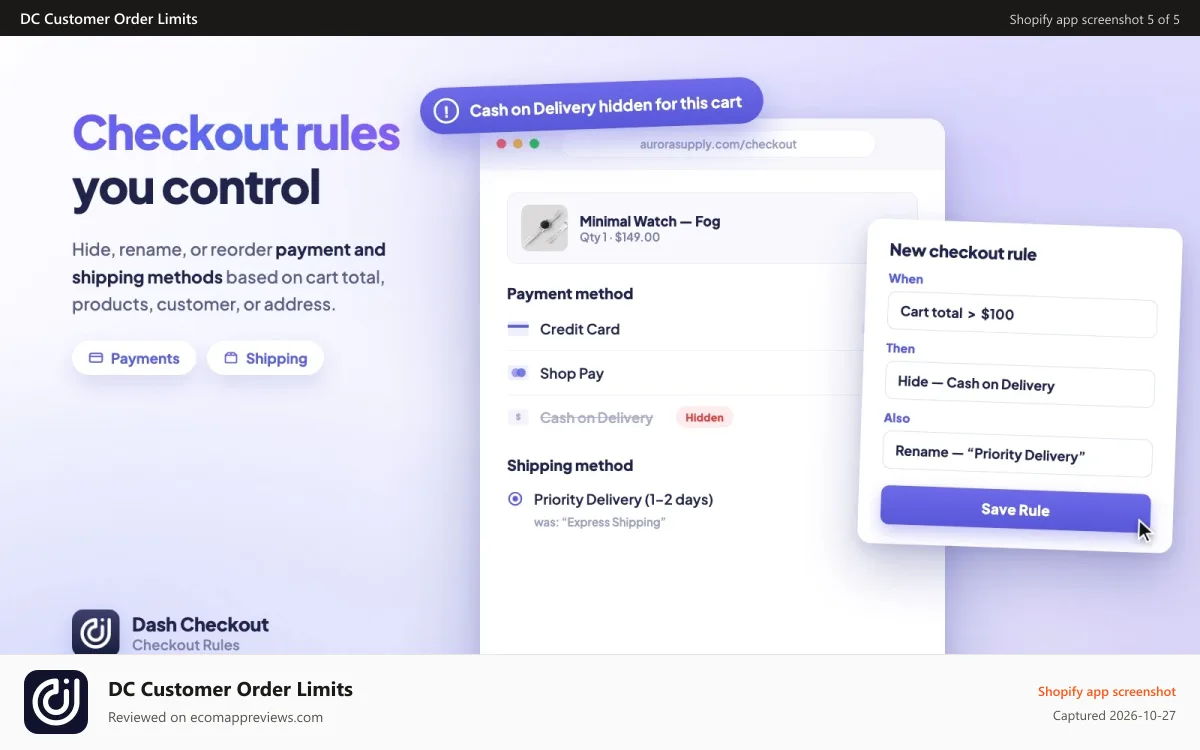 DC Customer Order Limits Shopify app screenshot: Hide, rename, or reorder payment or shipping by cart, address