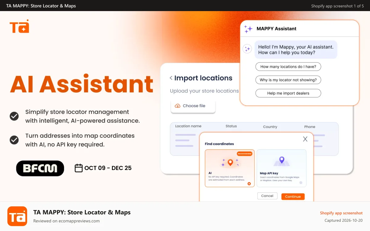 TA MAPPY: Store Locator & Maps Shopify app screenshot: AI Copilot for store locator management and location import