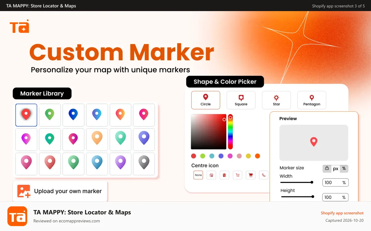 TA MAPPY: Store Locator & Maps Shopify app screenshot: Custom marker library and shape, color, and size customization
