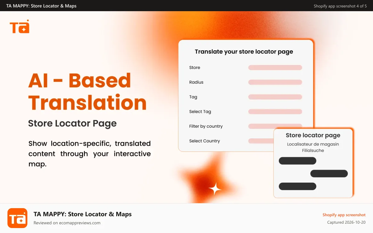 TA MAPPY: Store Locator & Maps Shopify app screenshot: AI-based translation for store locator pages